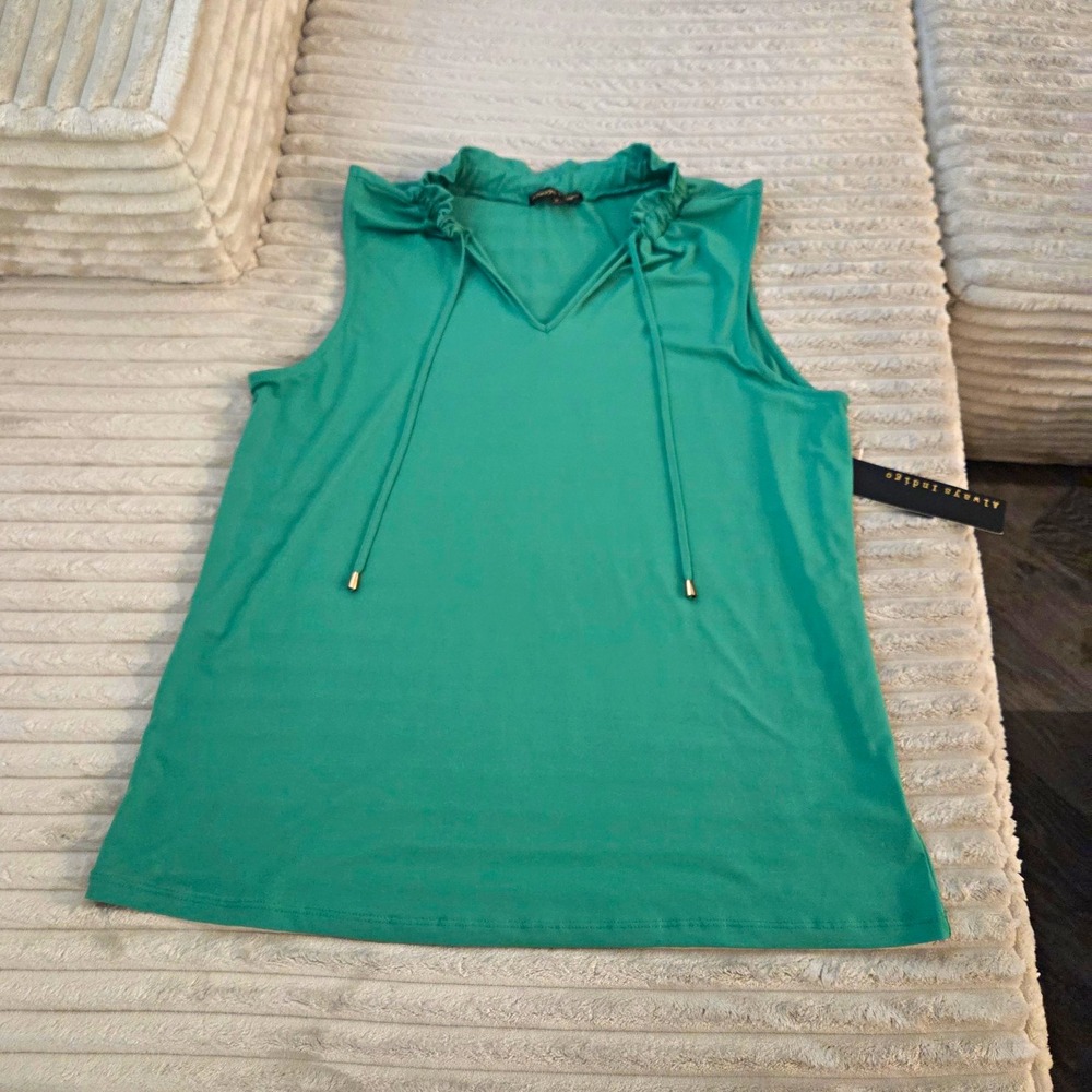 Always Indigo Green Sleeveless Ruffle V-Neck Tie Blouse Top Plus Size 1X NWT